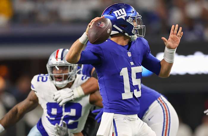 Nov 12, 2023; Arlington, Texas, USA; New York Giants quarterback Tommy DeVito (15) throws during the first quarter against the Dallas Cowboys at AT&T Stadium.